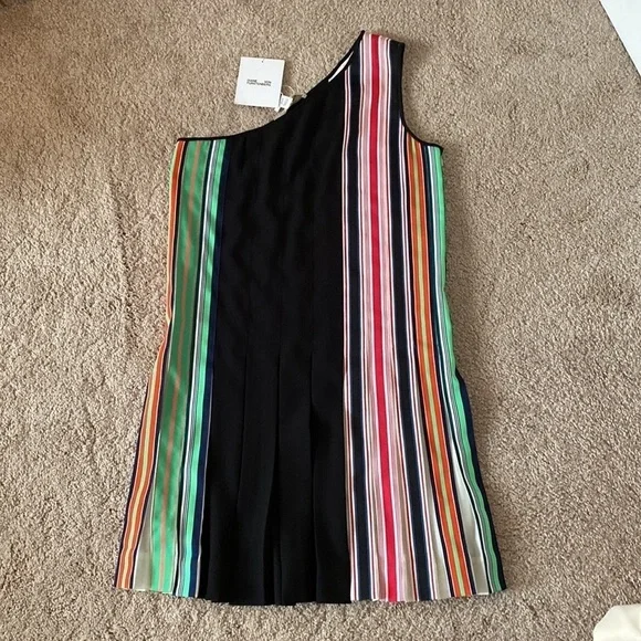 Diane Von Furstenberg- NWT Multicolored Stripe One Shoulder Pleated Mini Dress - Picture 7 of 8